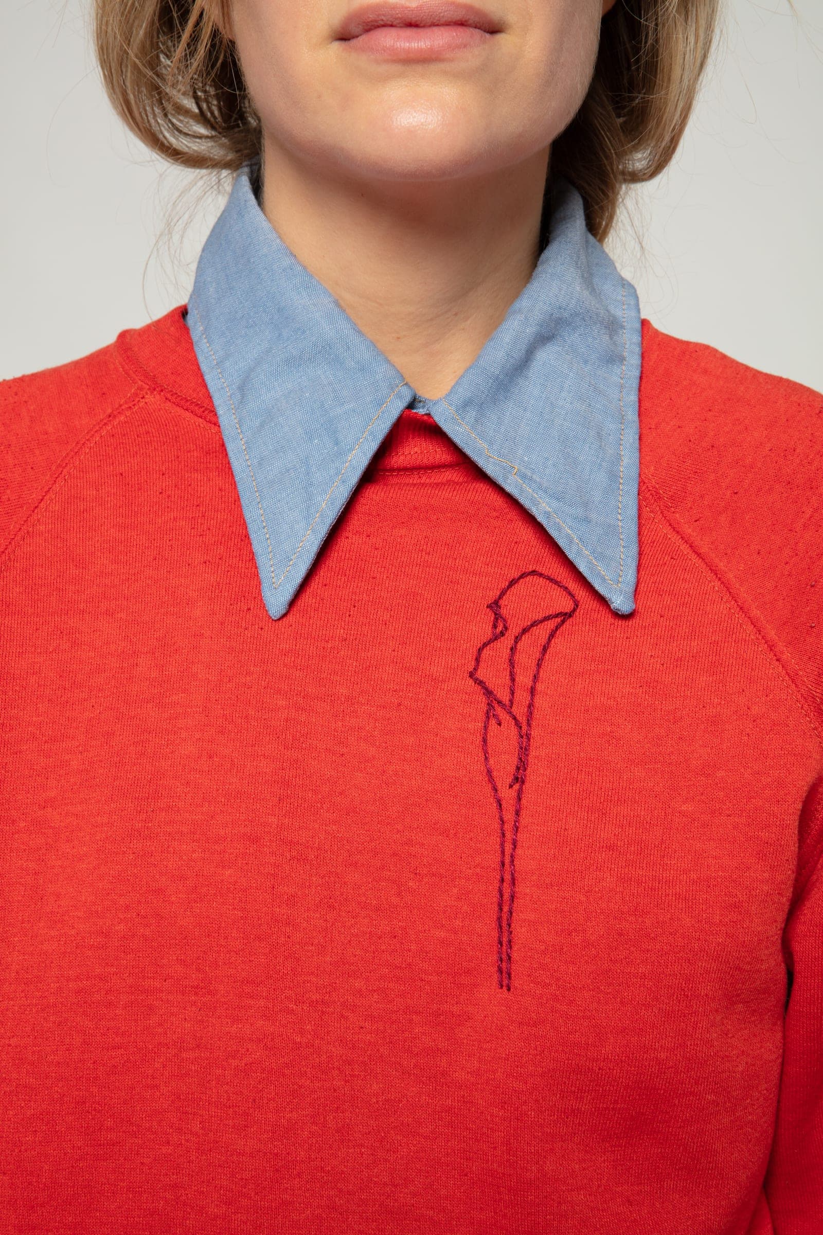 Vintage Sweatshirt with Hand Embroidered Calla Lily Line Drawing.