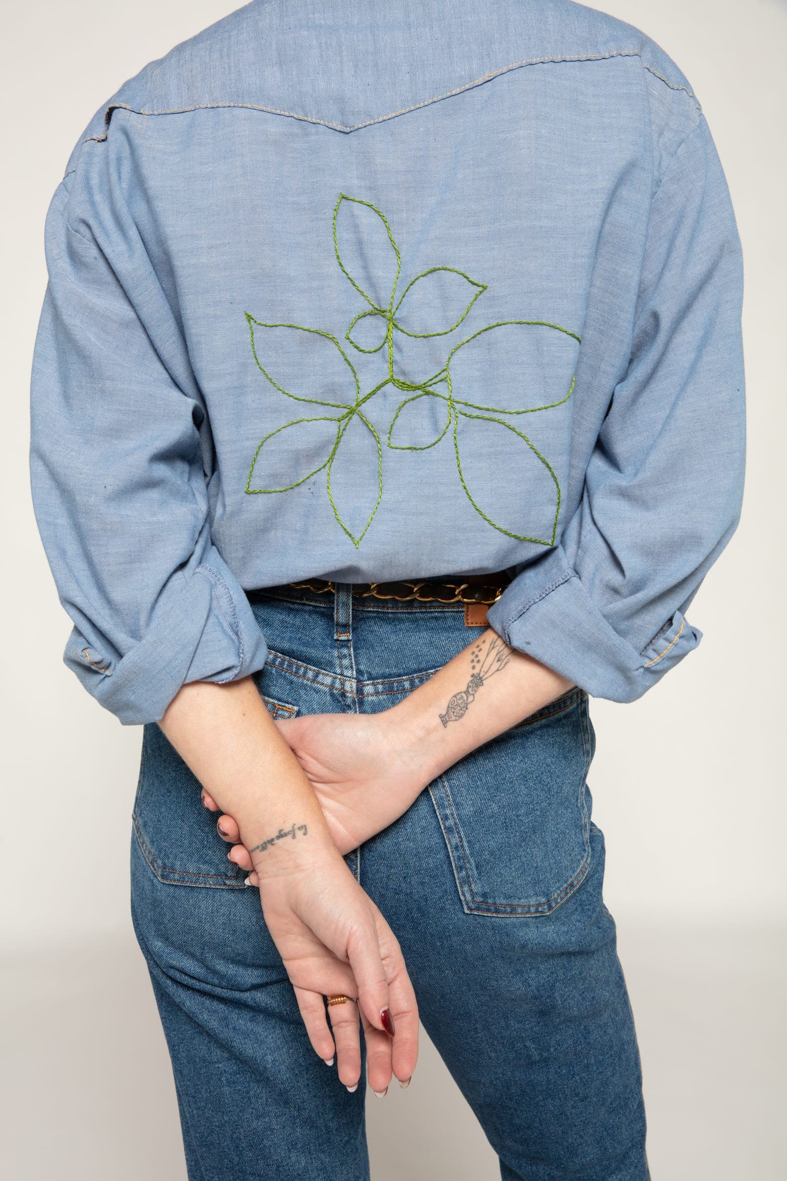 Vintage Chambray Button Down Shirt with Hand Embroidered Botanical Line Drawing